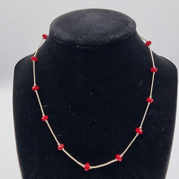 Sterling silver & red beaded necklace - Picture 1 of 3